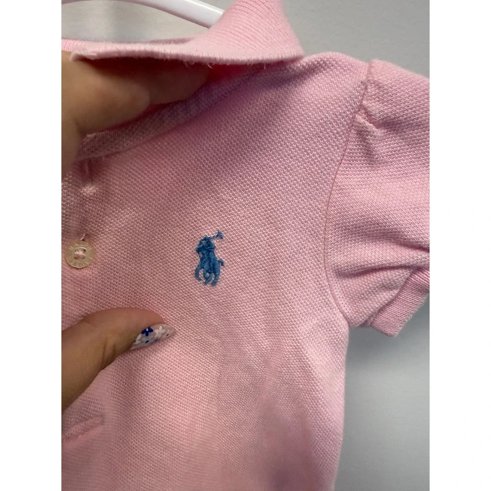 Ralph Lauren Baby Girls Pink Ruffle Polo Romper One Piece 6M Short Sleeve Pique